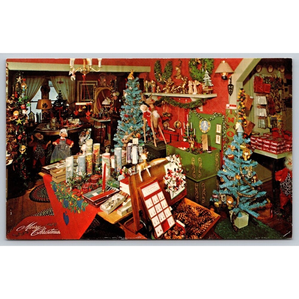 Vintage Postcard Christmas Carol Shop Holiday Items c1960s Weirs Beach NH Decor